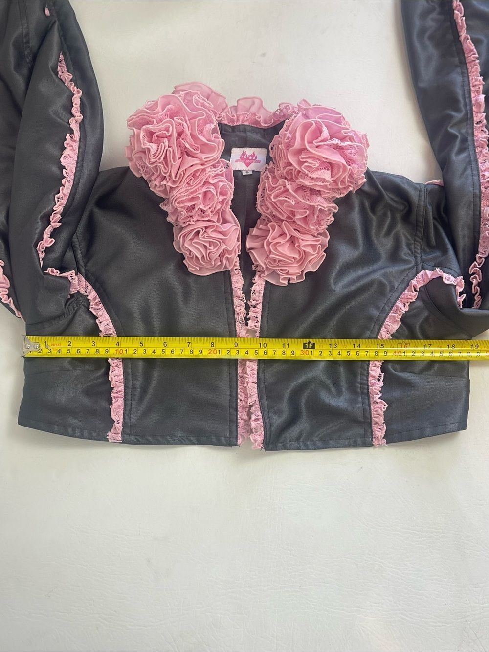 Bye Bambi Gray Pink Ruffle Cropped Bolero Jacket AU 8 US 4 Y2K - Picture 5 of 11